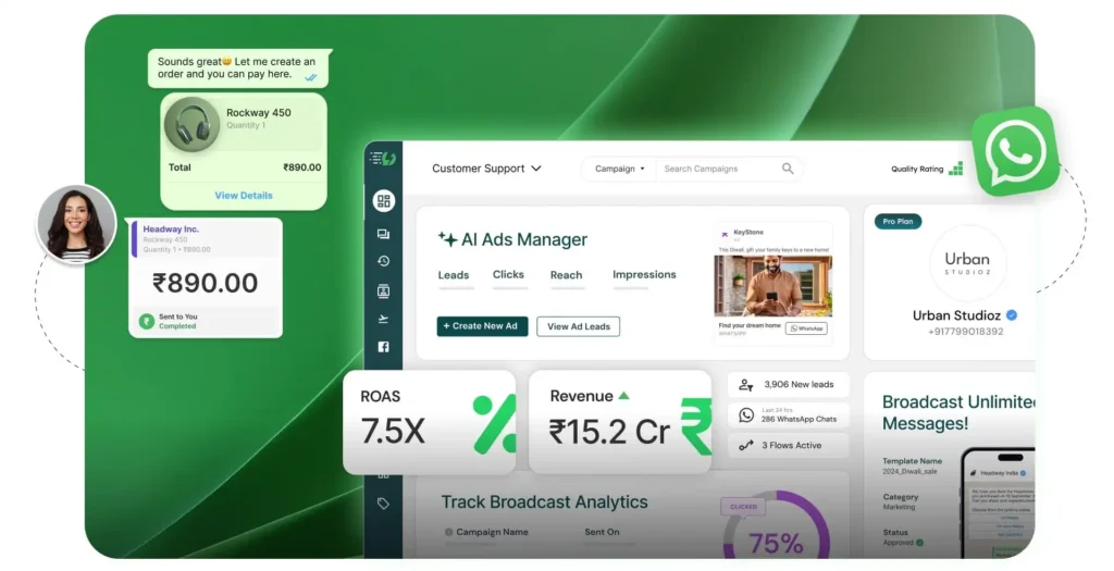 WhatsApp API for Marketing Campaigns dashboard showing bulk messaging and analytics
