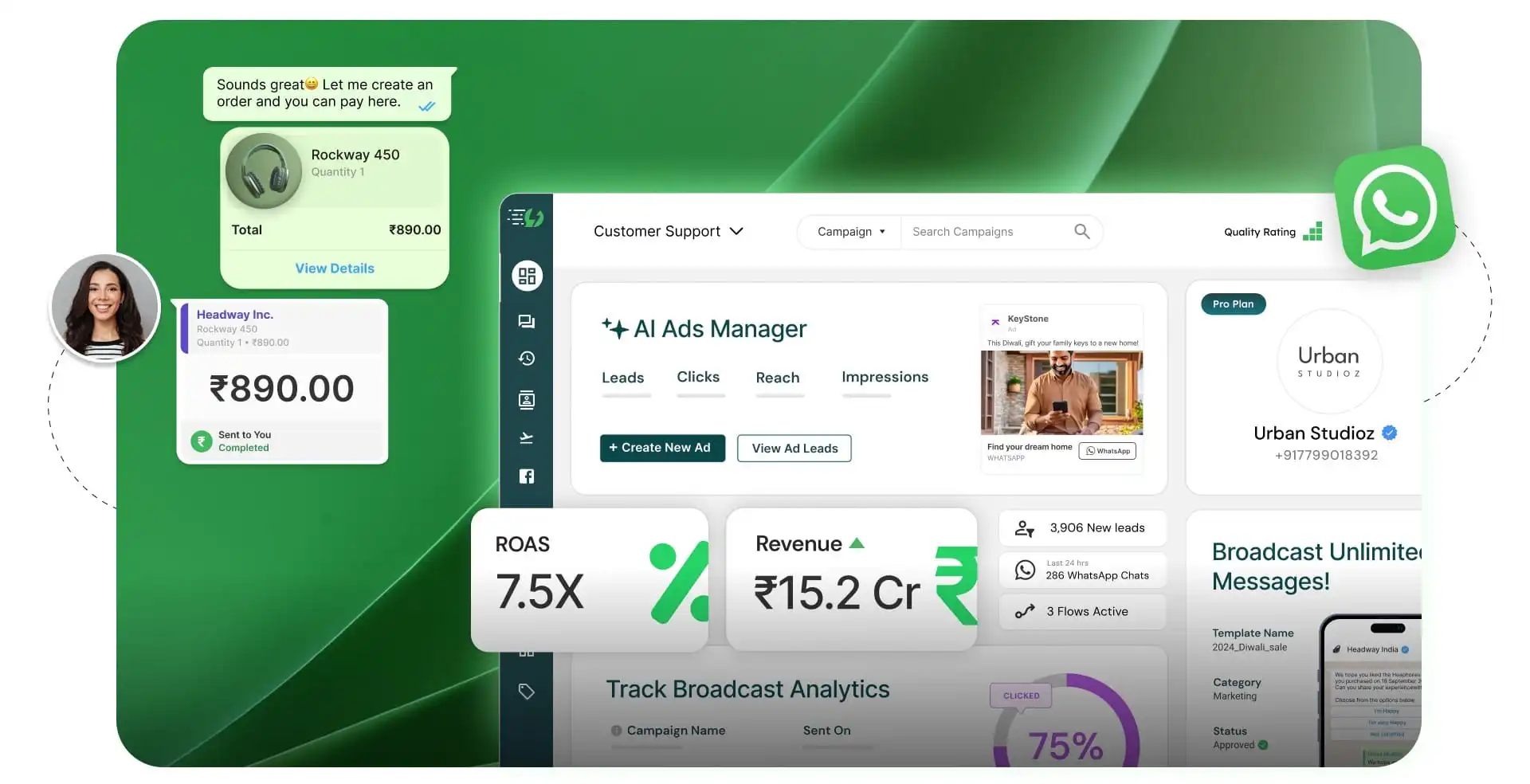 WhatsApp API for Marketing Campaigns dashboard showing bulk messaging and analytics